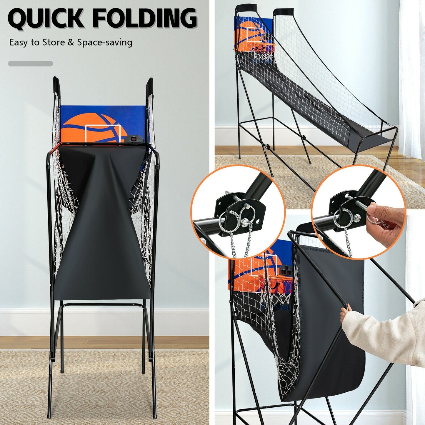Foldable Single Shot Basketball Arcade Game with Electronic Scorer and Basketballs, Black at Gallery Canada