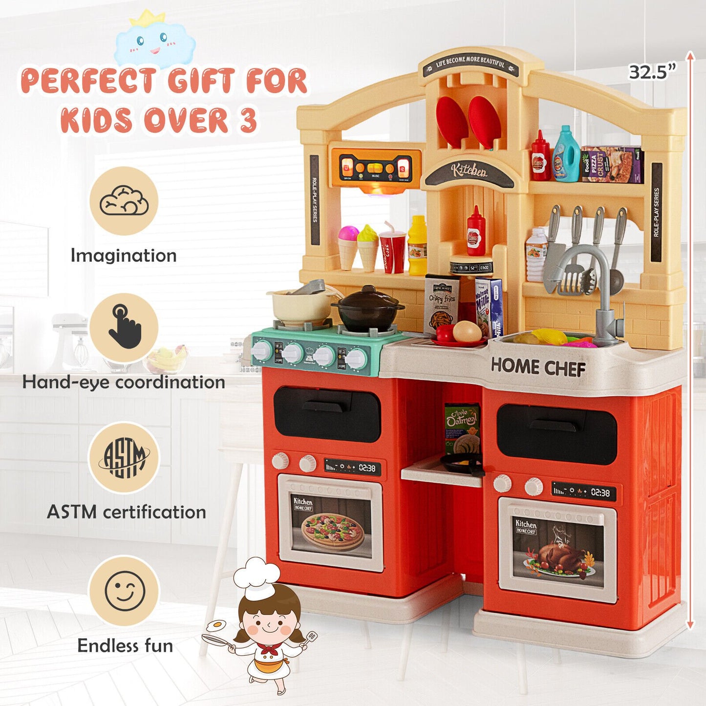 69 Pieces Kitchen Playset Toys with Realistic Lights and Sounds, Orange at Gallery Canada