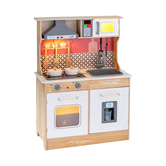 Multi-Functional Wooden Kids Kitchen Playset with Lights and Sounds, Multicolor