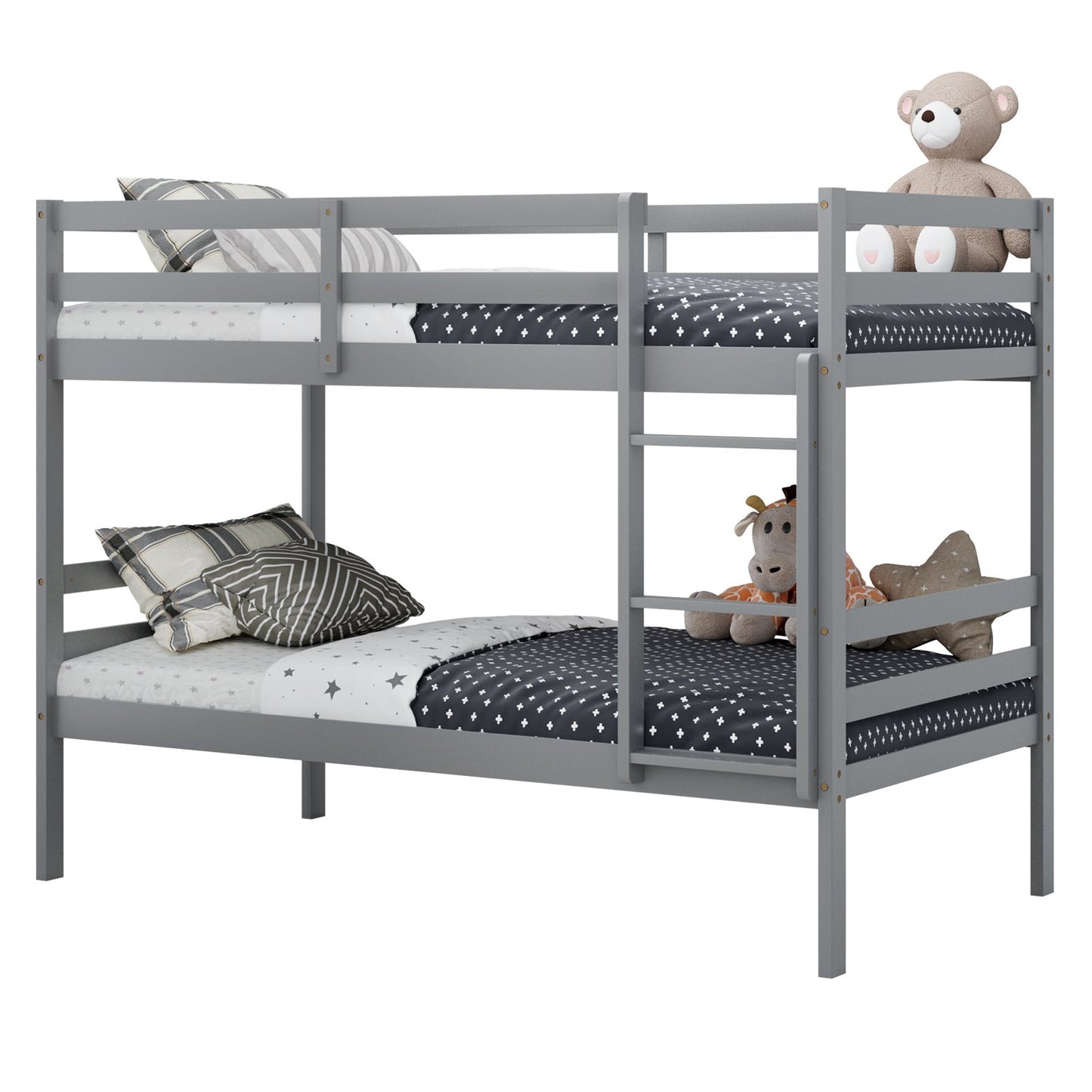 Twin Size Sturdy Wooden Bunk Beds with Ladder and Safety Rail, Gray
