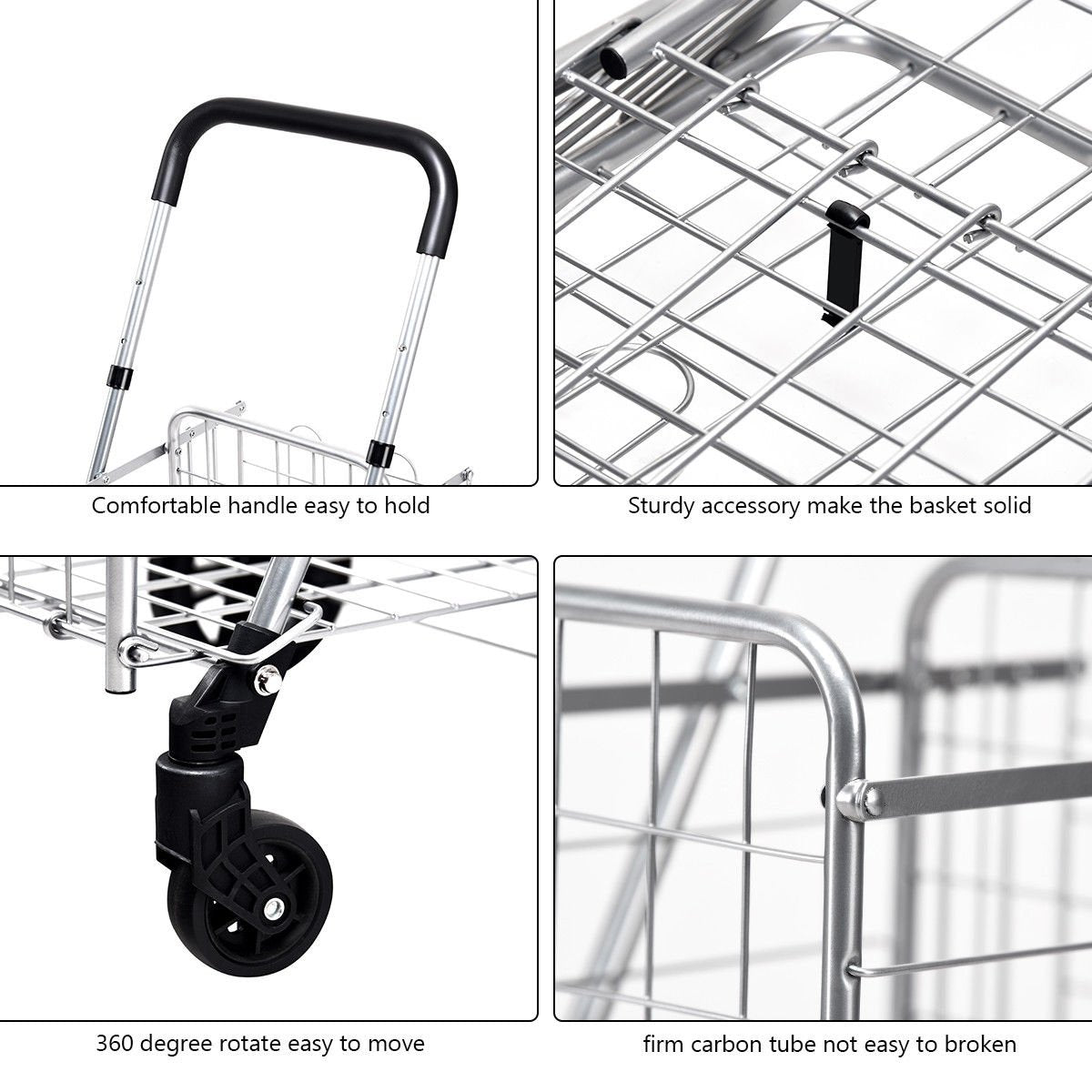 Folding Shopping Cart Basket Rolling Trolley with Adjustable Handle, Silver