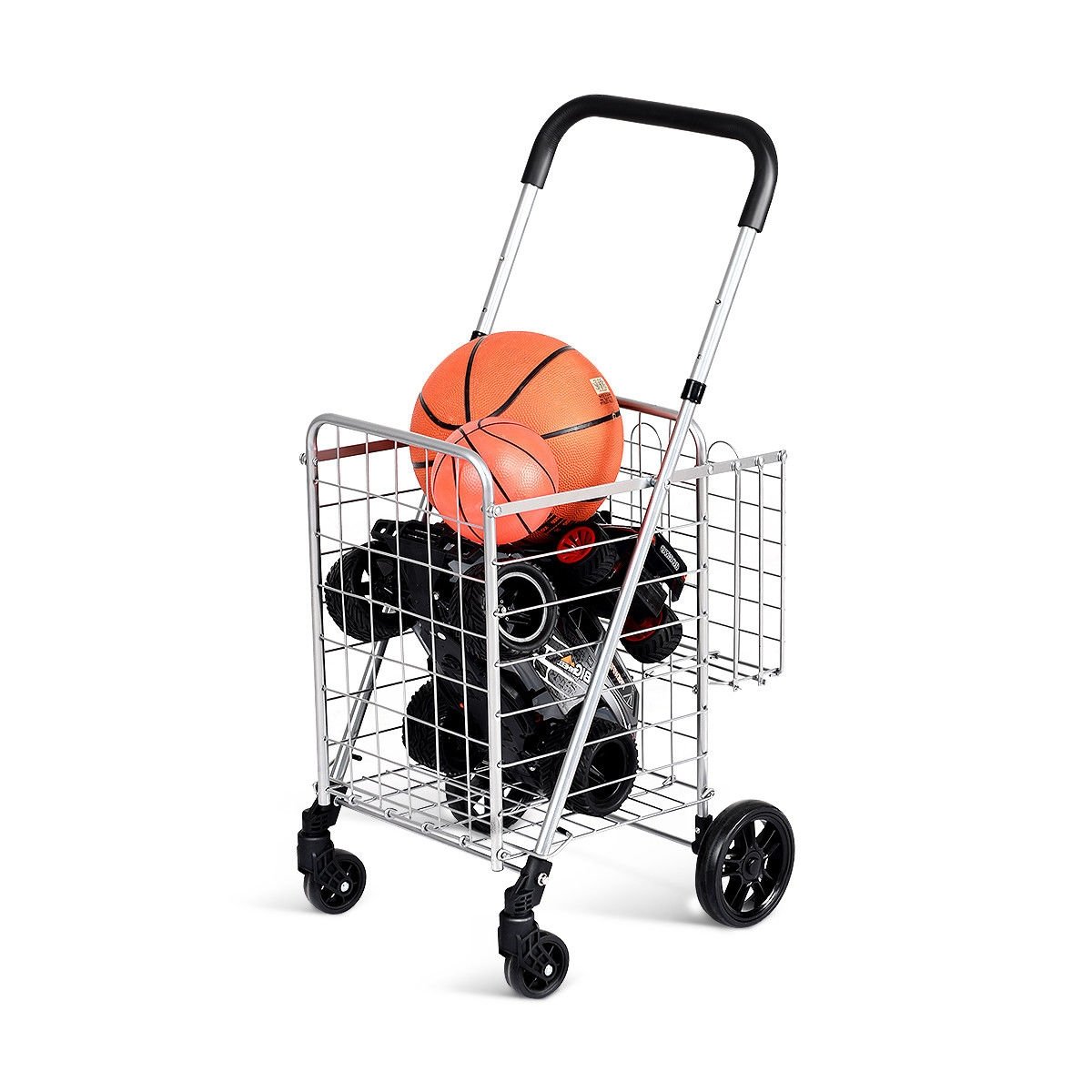 Folding Shopping Cart Basket Rolling Trolley with Adjustable Handle, Silver
