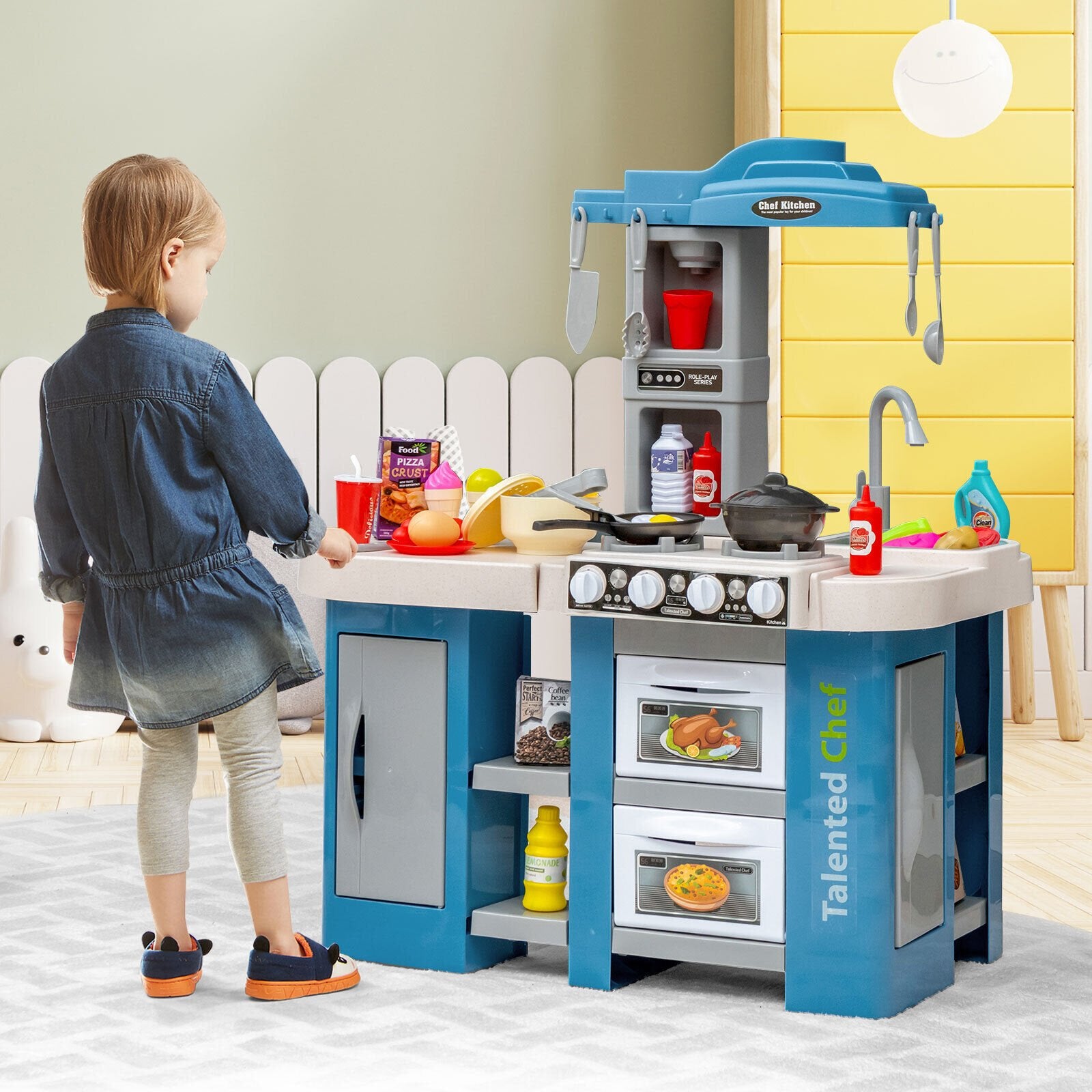 67 Pieces Play Kitchen Set for Kids with Food and Realistic Lights and Sounds, Blue at Gallery Canada