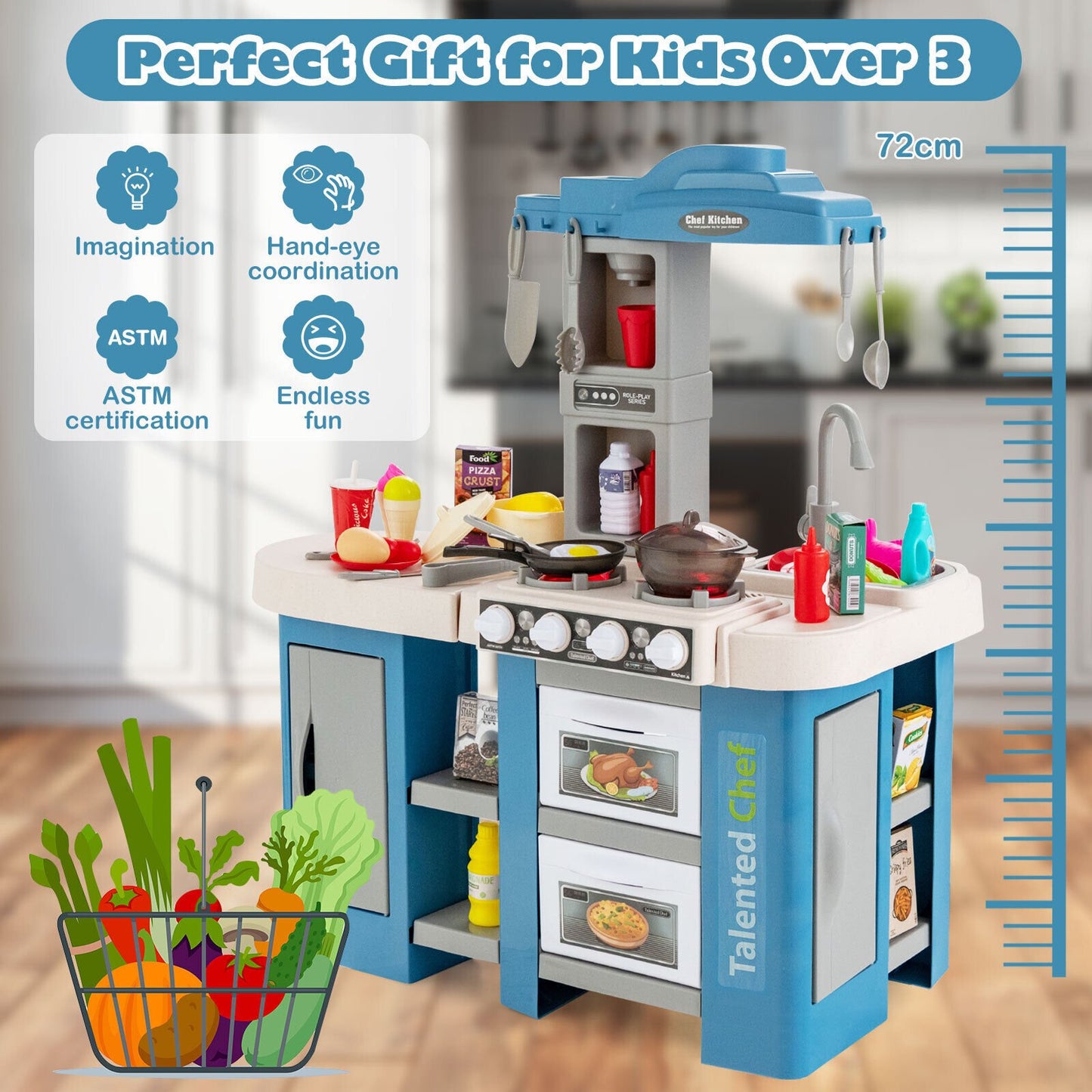 67 Pieces Play Kitchen Set for Kids with Food and Realistic Lights and Sounds, Blue at Gallery Canada