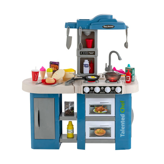 67 Pieces Play Kitchen Set for Kids with Food and Realistic Lights and Sounds, Blue