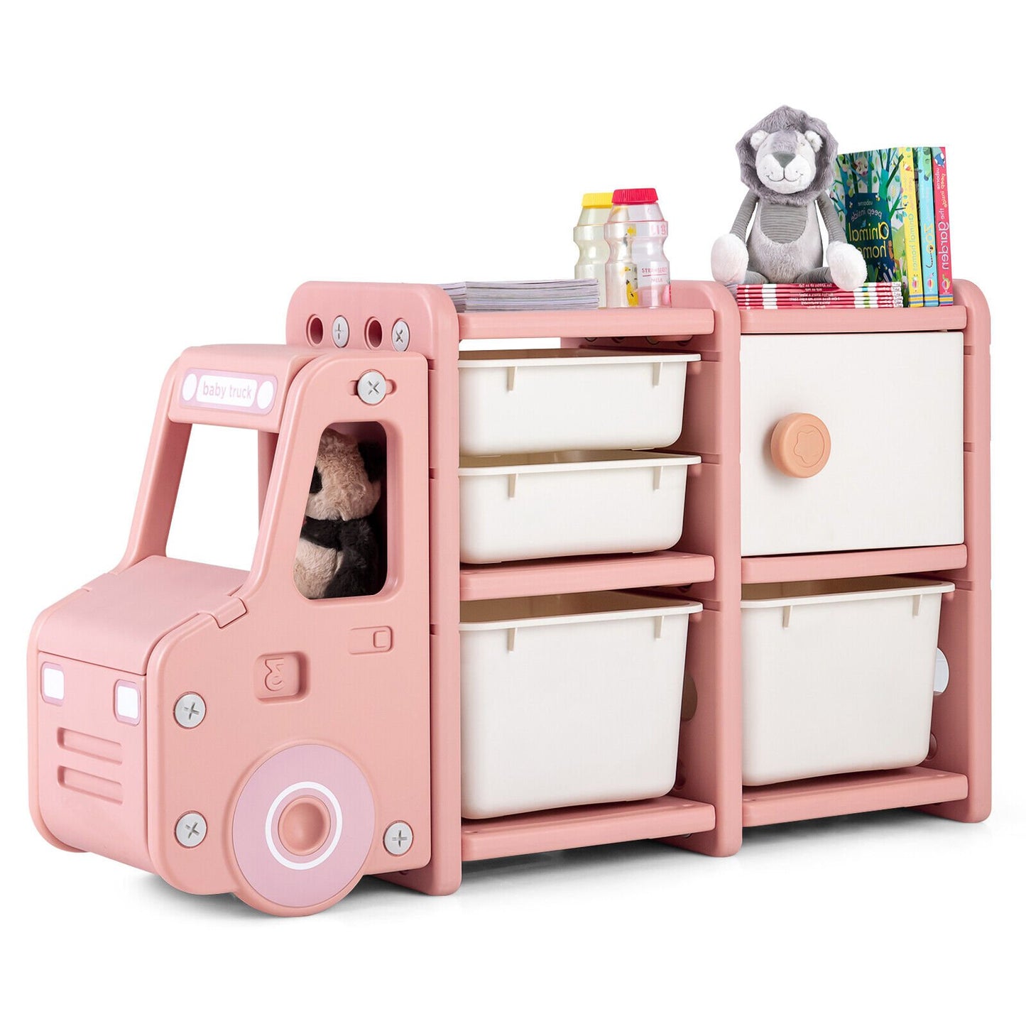 Toddler Truck Storage Organizer with Plastic Bins, Pink