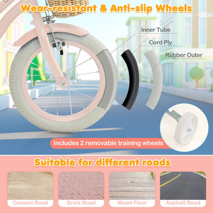 14-Inch Kids Bike with Training Wheels and Adjustable Handlebar Seat, Pink