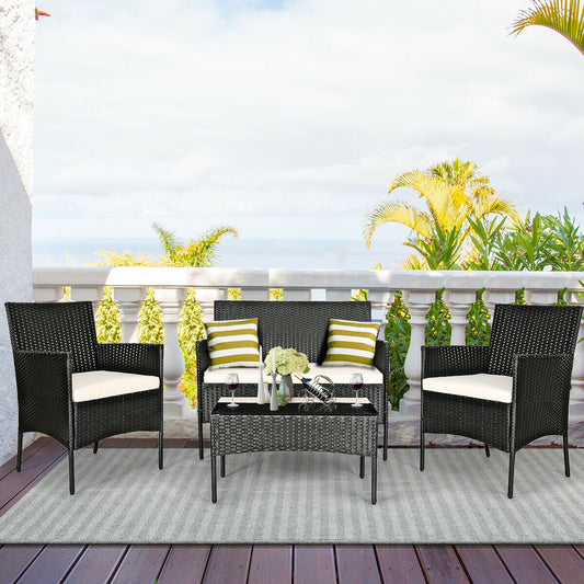 4 Pcs Patio Rattan Cushioned Sofa Set, White Patio Conversation Sets White at Gallery Canada