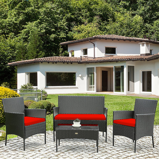 4 Pcs Rattan Cushioned Sofa Set, Tempered Glass Coffee Table, Red Patio Conversation Sets Red at Gallery Canada