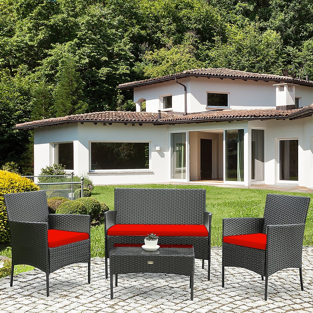 4 Pcs Patio Rattan Cushioned Sofa Furniture Set with Tempered Glass Coffee Table, Red at Gallery Canada