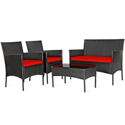 4 Pcs Patio Rattan Cushioned Sofa Furniture Set with Tempered Glass Coffee Table, Red