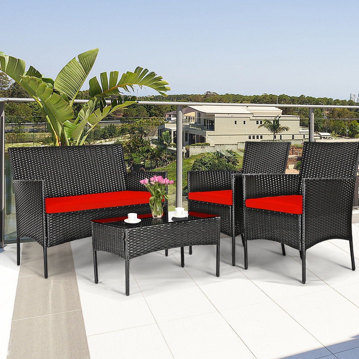 4 Pcs Patio Rattan Cushioned Sofa Furniture Set with Tempered Glass Coffee Table, Red Patio Conversation Sets at Gallery Canada