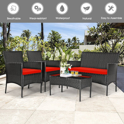 4 Pcs Patio Rattan Cushioned Sofa Furniture Set with Tempered Glass Coffee Table, Red at Gallery Canada