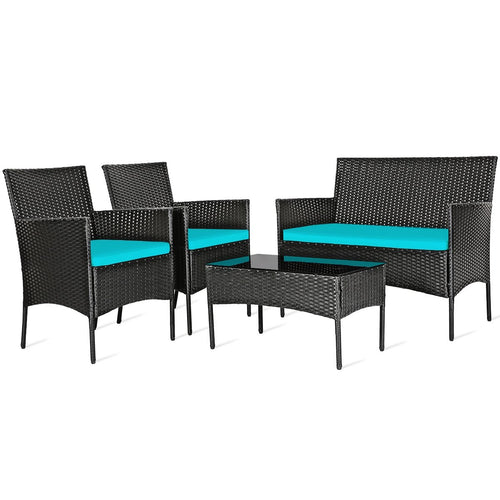 4 Pcs Patio Rattan Cushioned Sofa Furniture Set with Tempered Glass Coffee Table, Turquoise