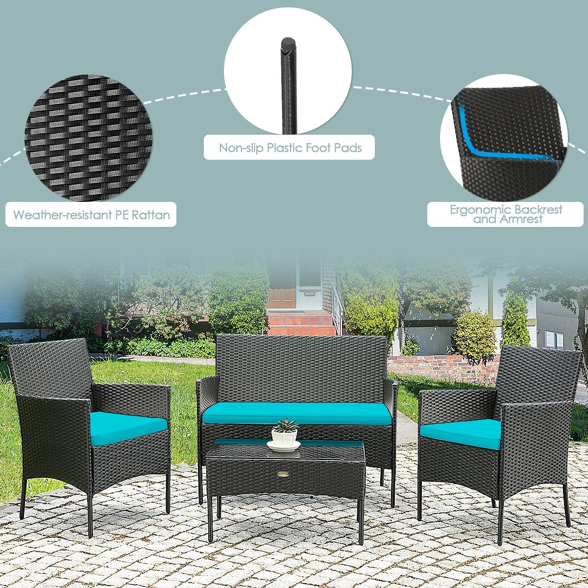 4 Pcs Patio Rattan Cushioned Sofa Furniture Set with Tempered Glass Coffee Table, Turquoise at Gallery Canada