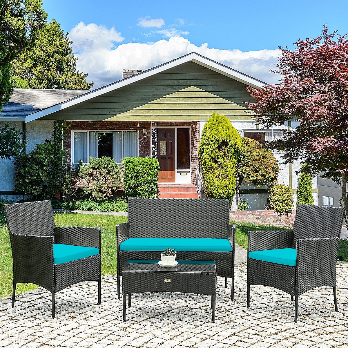 4 Pcs Patio Rattan Cushioned Sofa Furniture Set with Tempered Glass Coffee Table, Turquoise at Gallery Canada