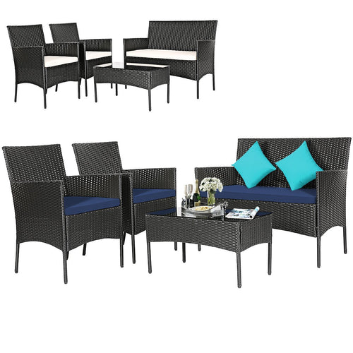 4 Pieces Patio Rattan Cushioned Sofa Set with Tempered Glass Coffee Table-Navy and off White, Navy & Off White