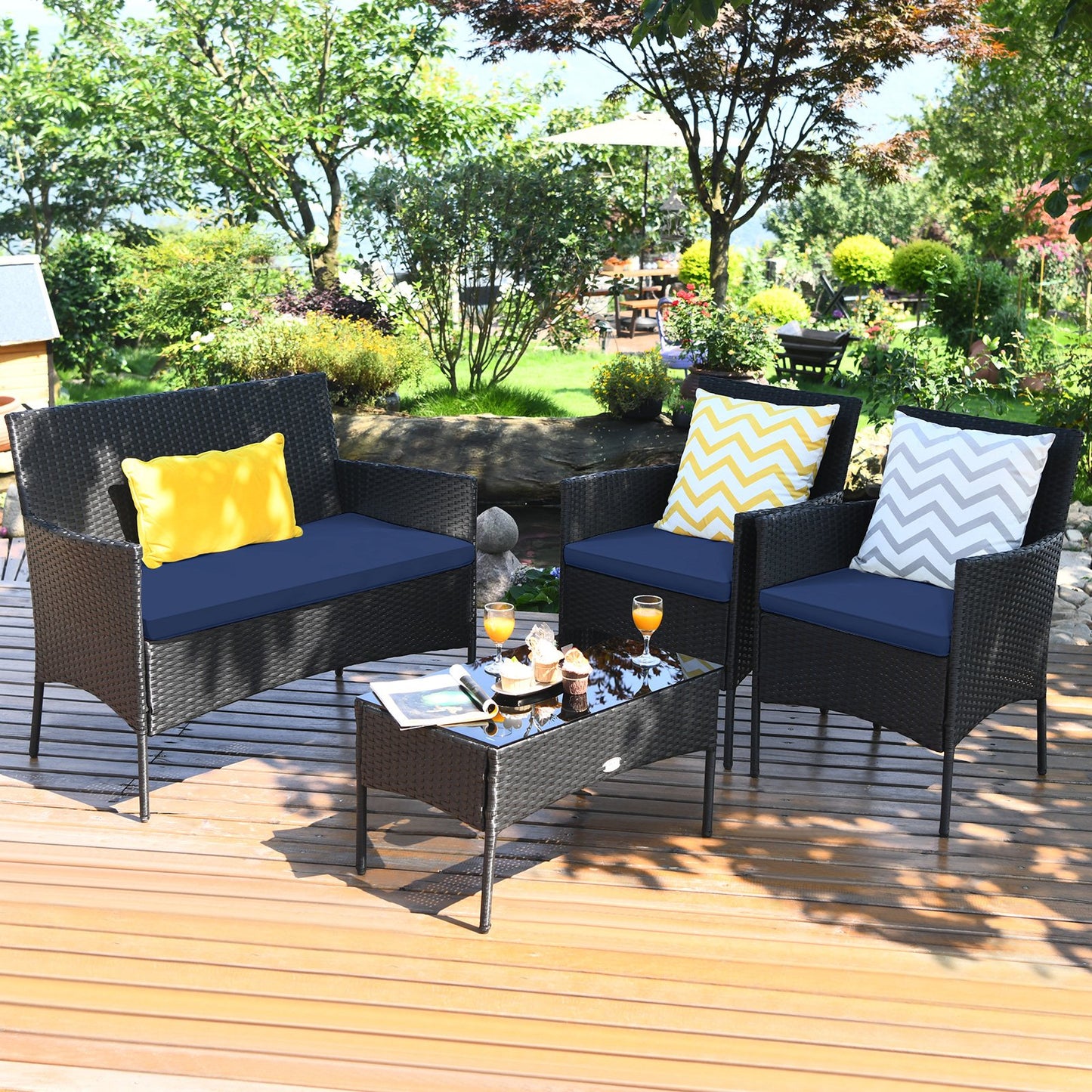 4 Pieces Patio Rattan Cushioned Sofa Set with Tempered Glass Coffee Table-Navy and off White, Navy & Off White