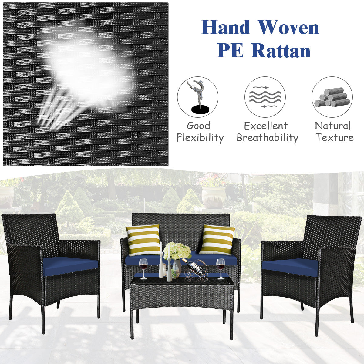 4 Piece Patio Rattan Cushioned Sofa Set, Tempered Glass Coffee Table, Off White, Navy Patio Conversation Sets at Gallery Canada