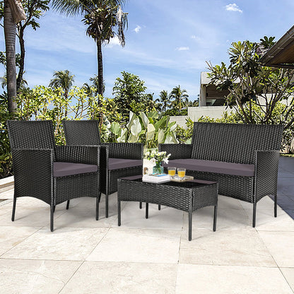 4 Pieces Patio Rattan Cushioned Sofa Set with Tempered Glass Coffee Table, Gray & Off White
