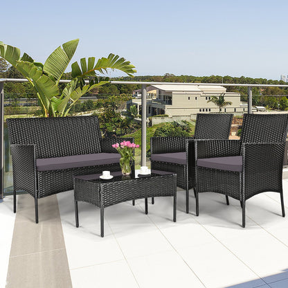 4 Pieces Patio Rattan Cushioned Sofa Set with Tempered Glass Coffee Table, Gray & Off White
