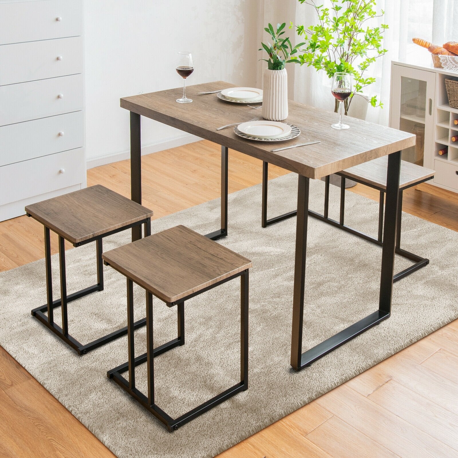 4 Pieces Industrial Dinette Set with Bench and 2 Stools, Oak at Gallery Canada