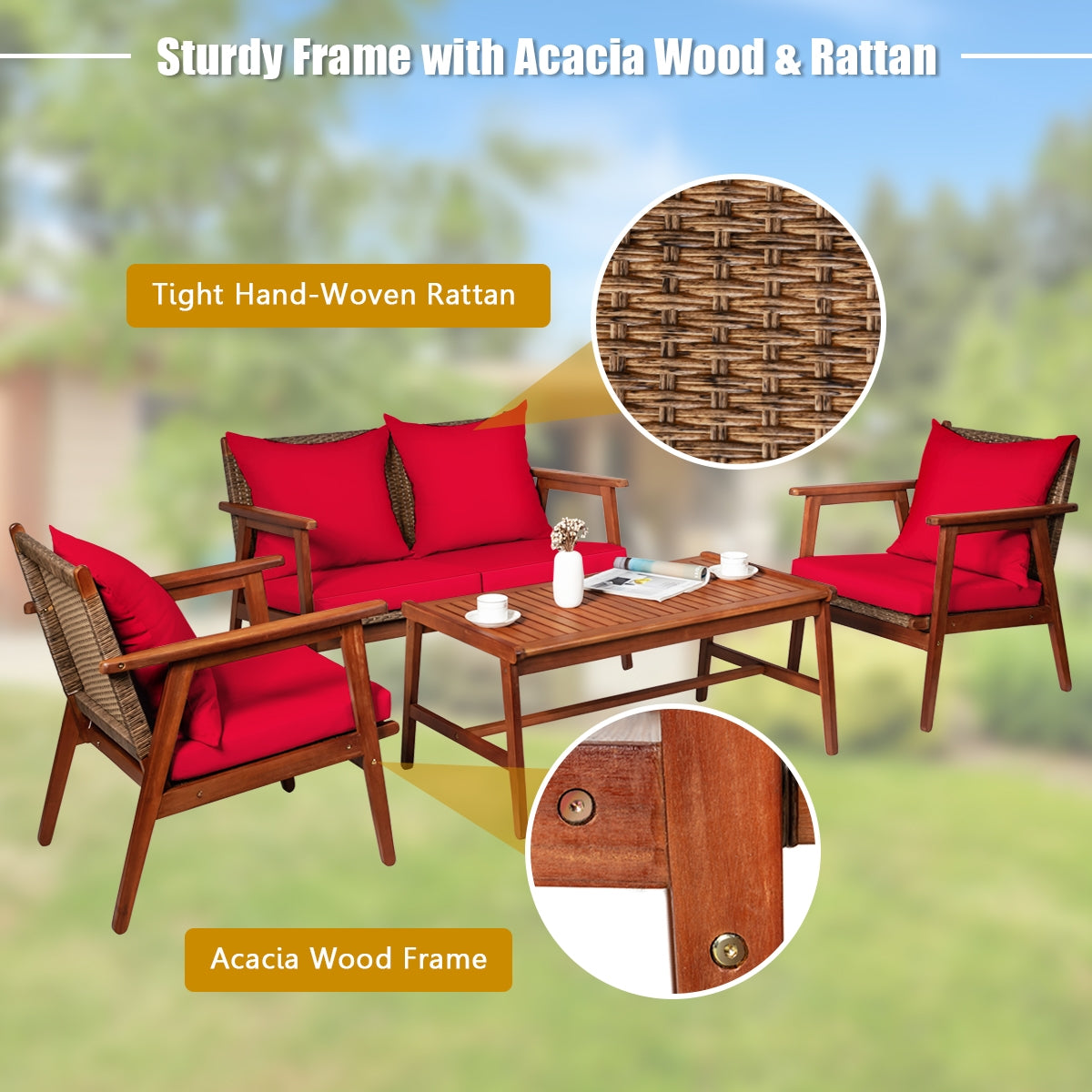 4 Piece Acacia Wood Patio Rattan Furniture Set, Red Patio Conversation Sets at Gallery Canada