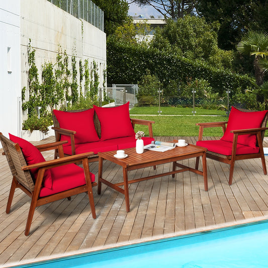 4 Piece Acacia Wood Patio Rattan Furniture Set, Red Patio Conversation Sets Red at Gallery Canada