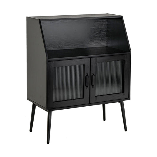 Kitchen Storage Cupboard Buffet Cabinet Sideboard with Open Cubby and 2 Glass Doors, Black