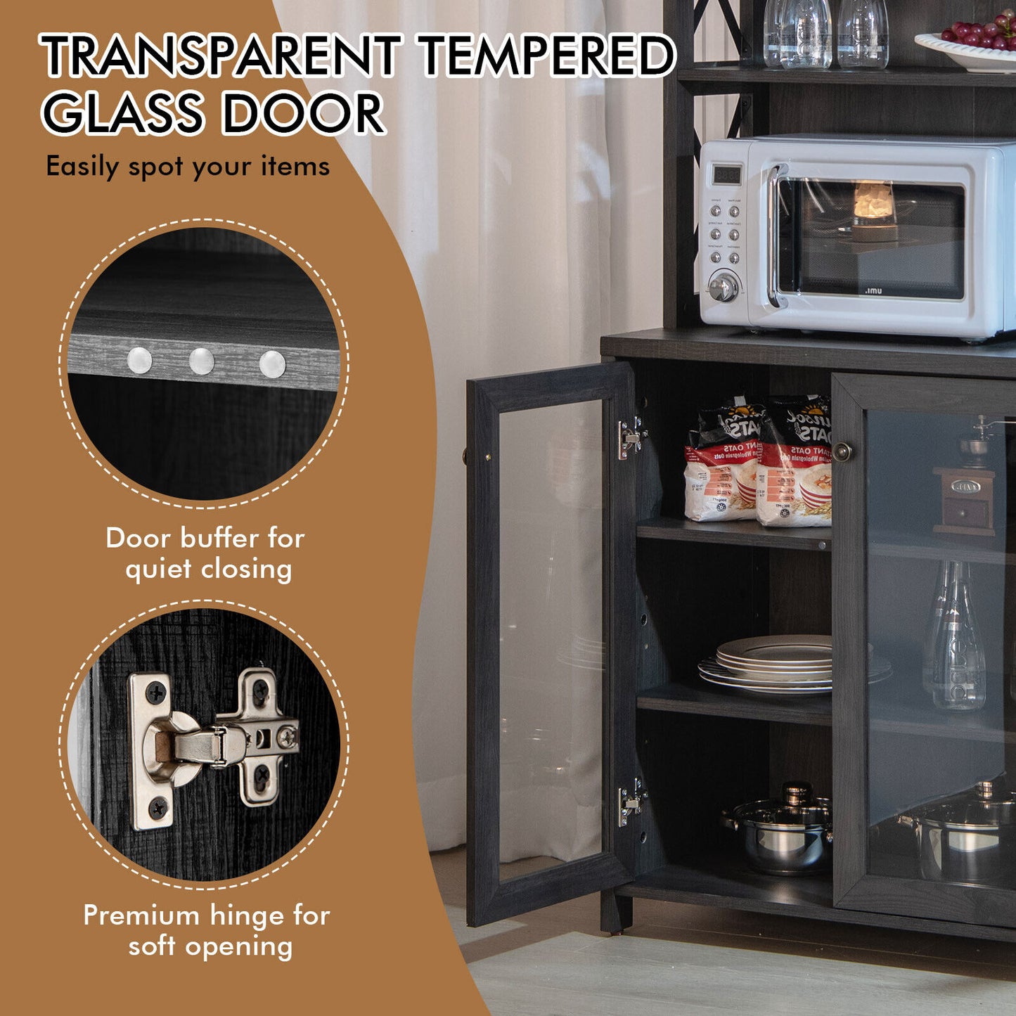 Tall Freestanding Bar Cabinet Buffet with Glass Holder and Adjustable Shelf, Gray Sideboards Cabinets & Buffets at Gallery Canada