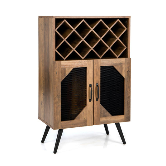 2-Door Farmhouse Kitchen Storage Bar Cabinet with Wine Rack and Glass Holder, Brown