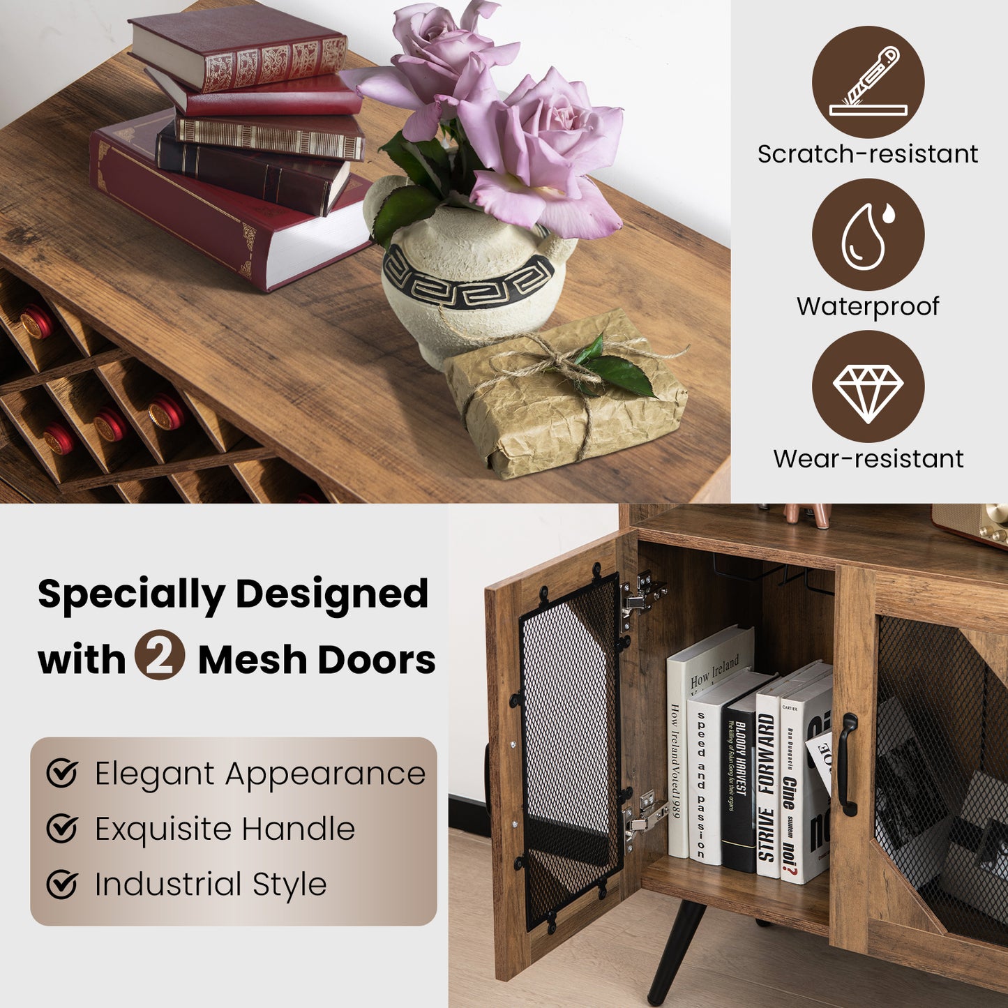 2-Door Farmhouse Kitchen Cabinet, Wine Rack, Glass Holder, Brown Sideboards Cabinets & Buffets at Gallery Canada