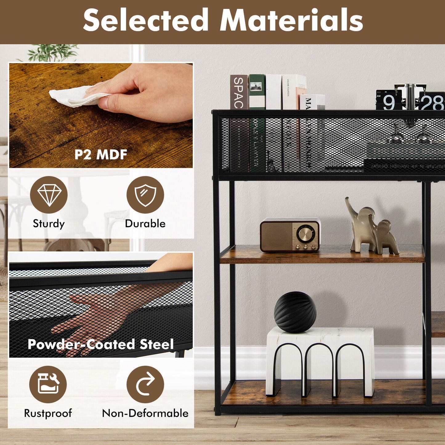 Table console industrielle à 4 niveaux, Étagère à panier en fil métallique, Brun rustique