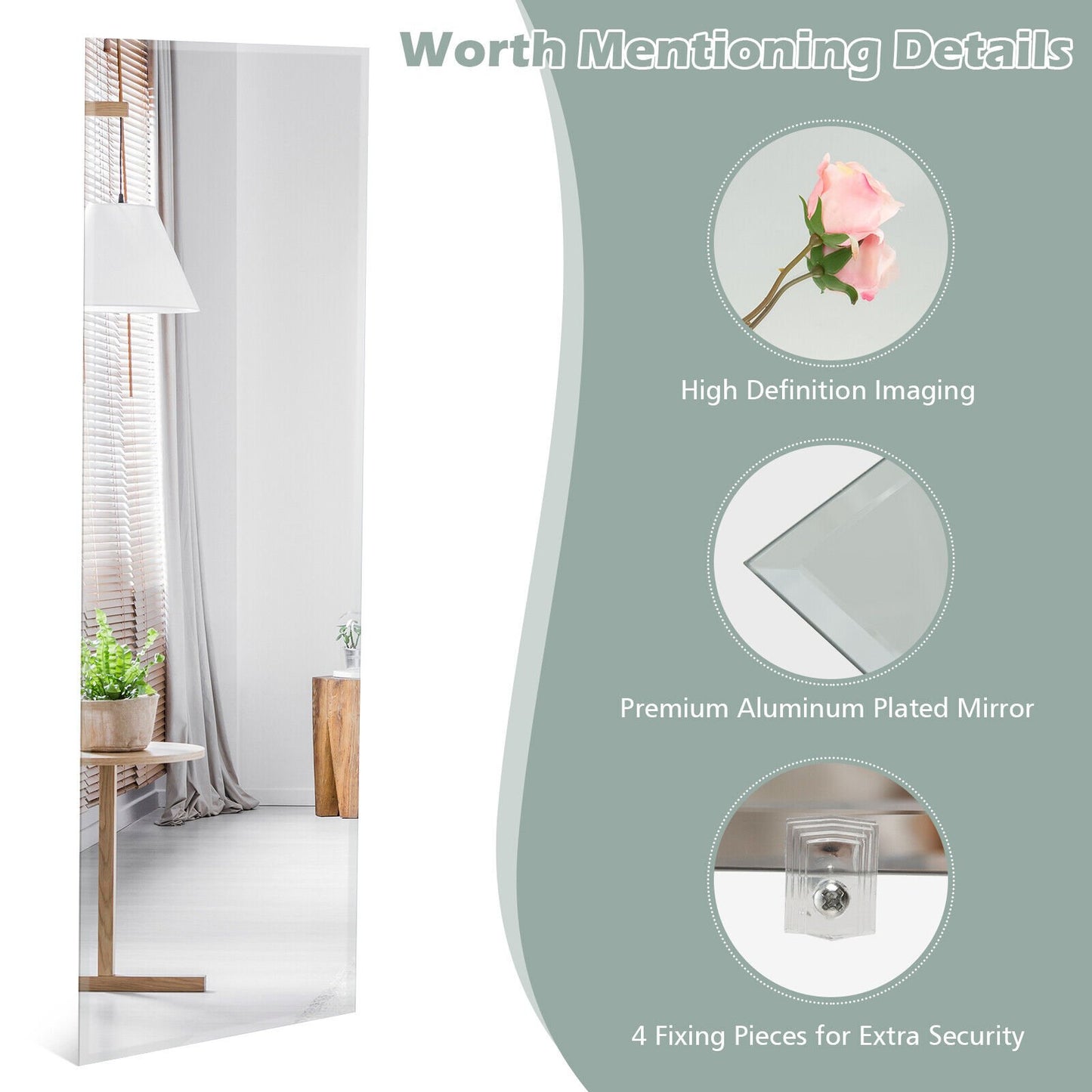43 x 15 Inch Wall Mounted Frameless Full Length Mirror, Transparent