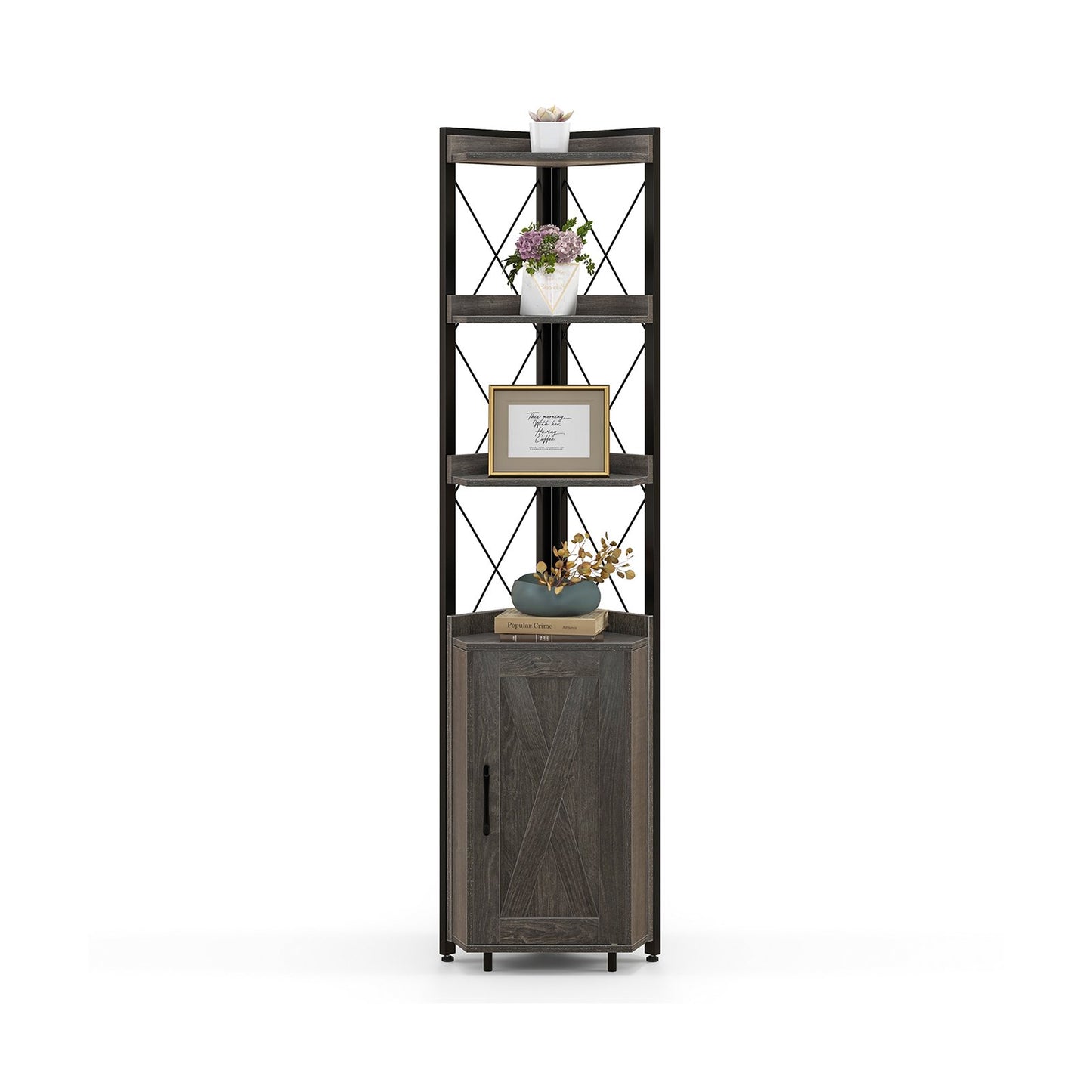 Tall Corner Storage Cabinet with 3-Tier Shelf and Enclosed Cabinet, Gray