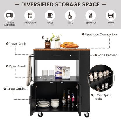 Kitchen Island Cart Rolling Storage Cabinet with Drawer and Spice Rack Shelf, Black