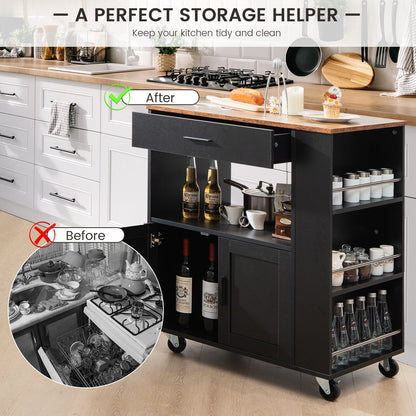 Kitchen Island Cart Rolling Storage Cabinet with Drawer and Spice Rack Shelf, Black