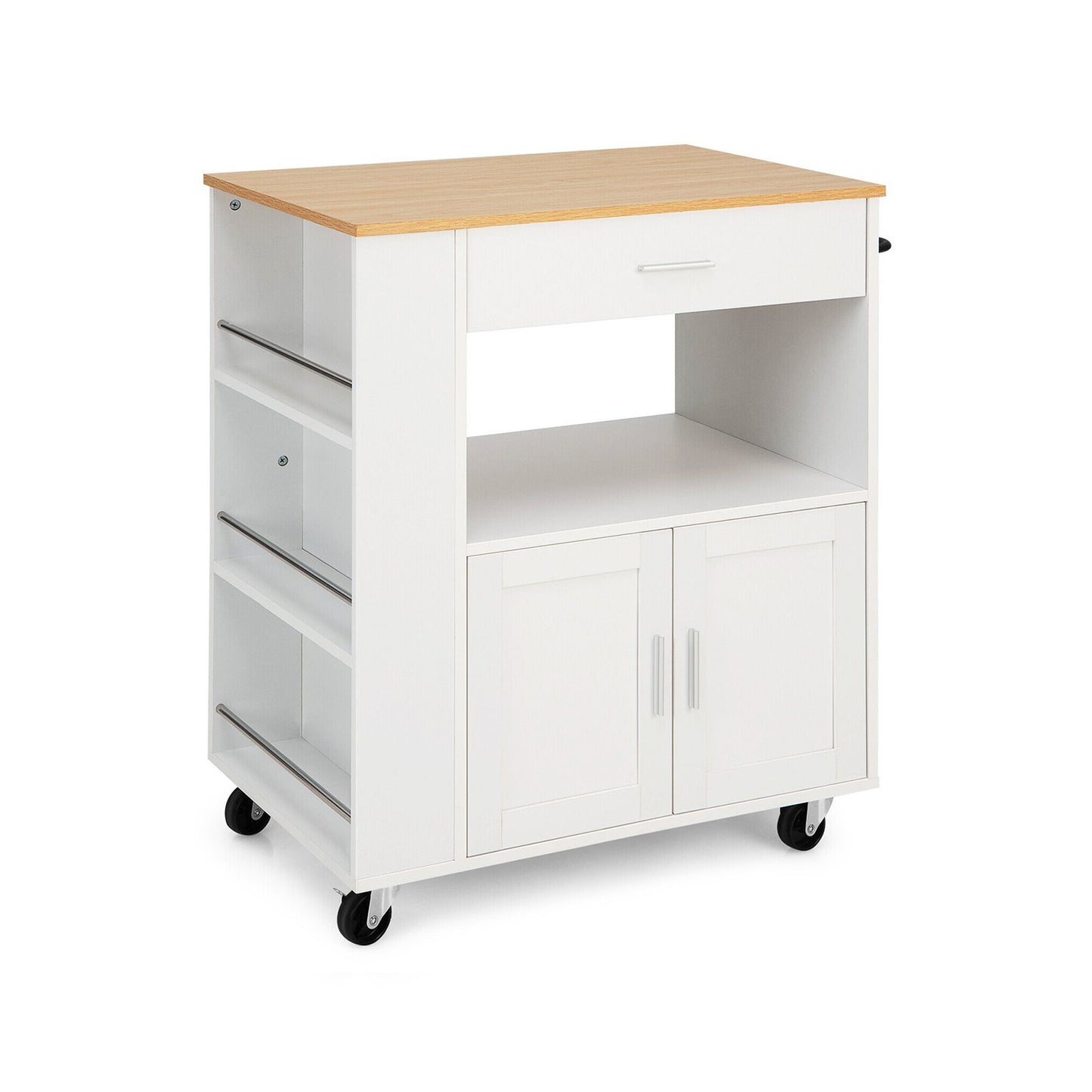 Kitchen Island Cart Rolling Storage Cabinet with Drawer and Spice Rack Shelf, White