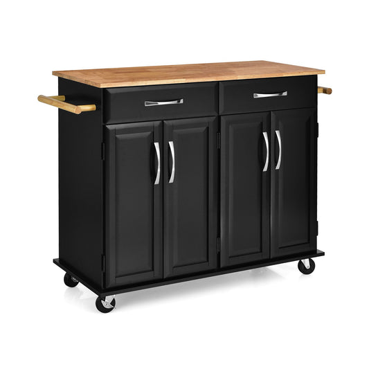 4-Door Rolling Kitchen Island Cart Buffet Cabinet with Towel Racks Drawers, Black at Gallery Canada