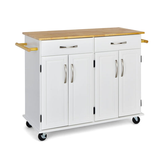 4-Door Rolling Kitchen Island Cart Buffet Cabinet with Towel Racks Drawers, White