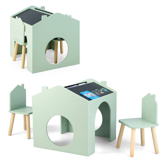 3 Pieces Wooden Kids Table and Chair Set, Green