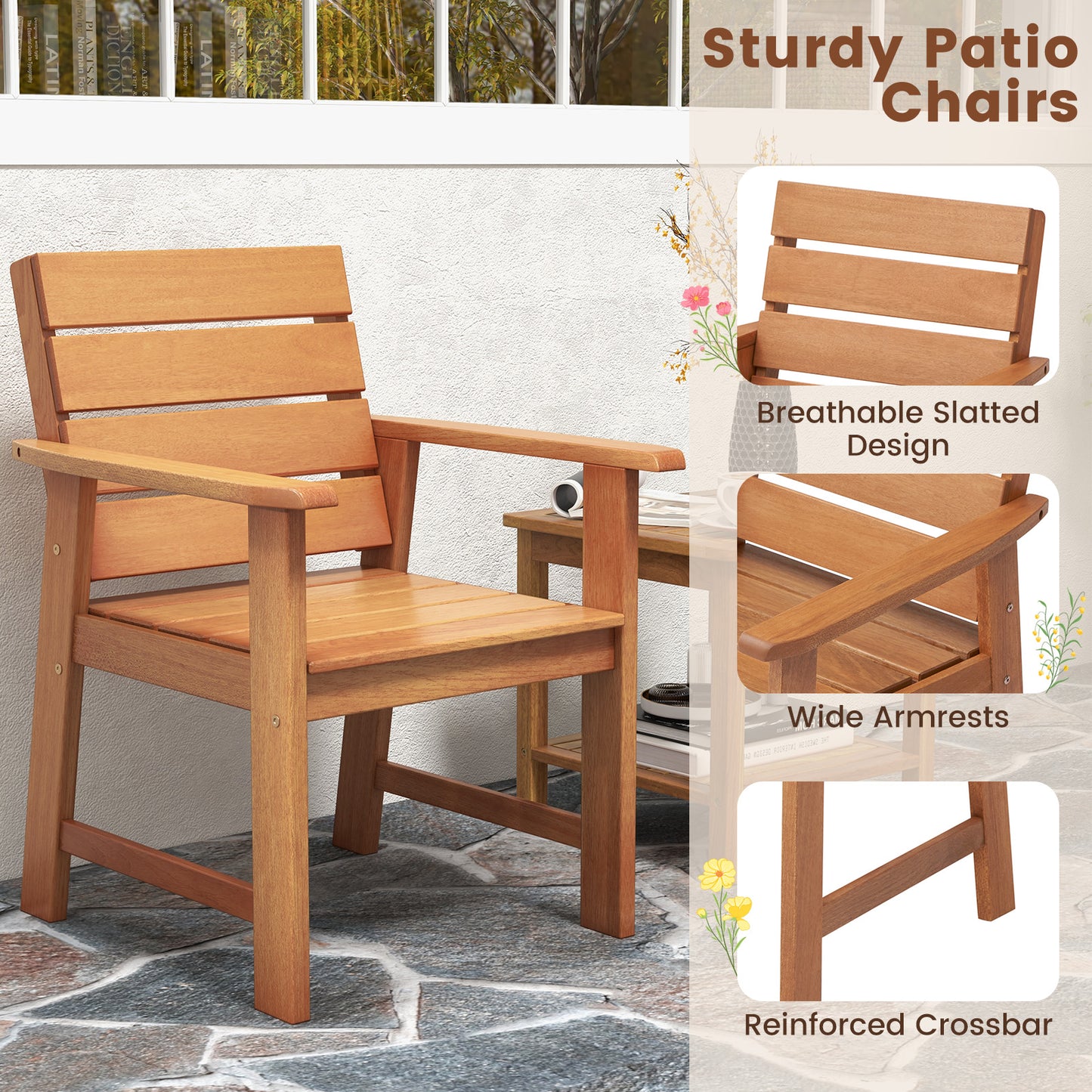2 Piece Patio Hardwood Chair with Slatted Seat and Inclined Backrest, Natural Patio Dining Chairs at Gallery Canada