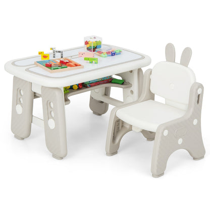 Kids Table and Chair Set with Flip-Top Bookshelf, Gray