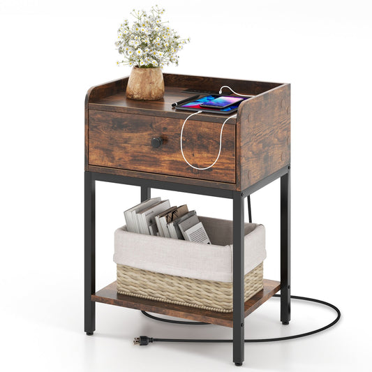 Industrial Bedside Table Nightstand with Charging Station, Rustic Brown