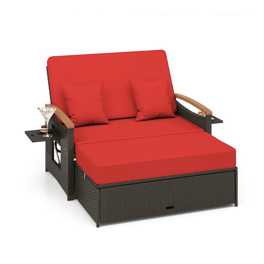 Outdoor Wicker Daybed with Folding Panels and Storage Ottoman, Red