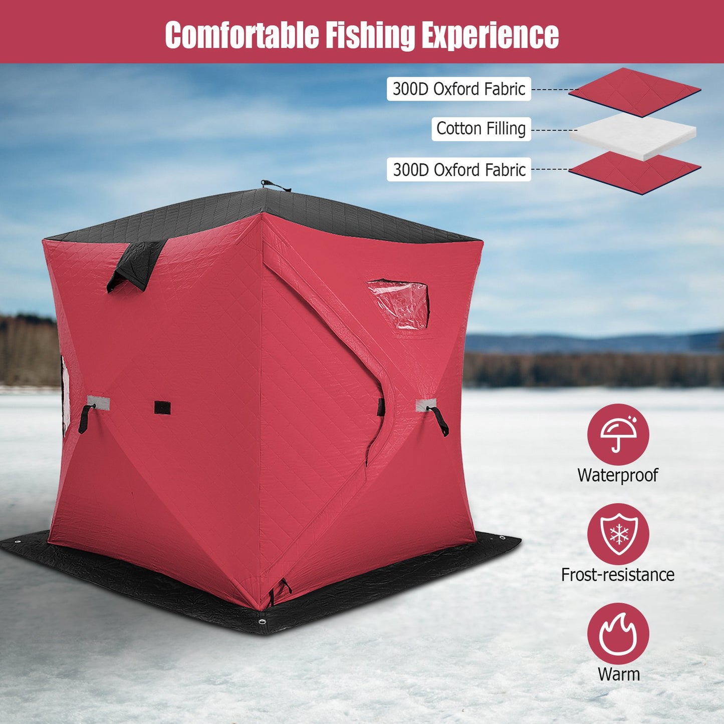 Portable 2 Person Ice Shanty with Cotton Padded Walls, Red