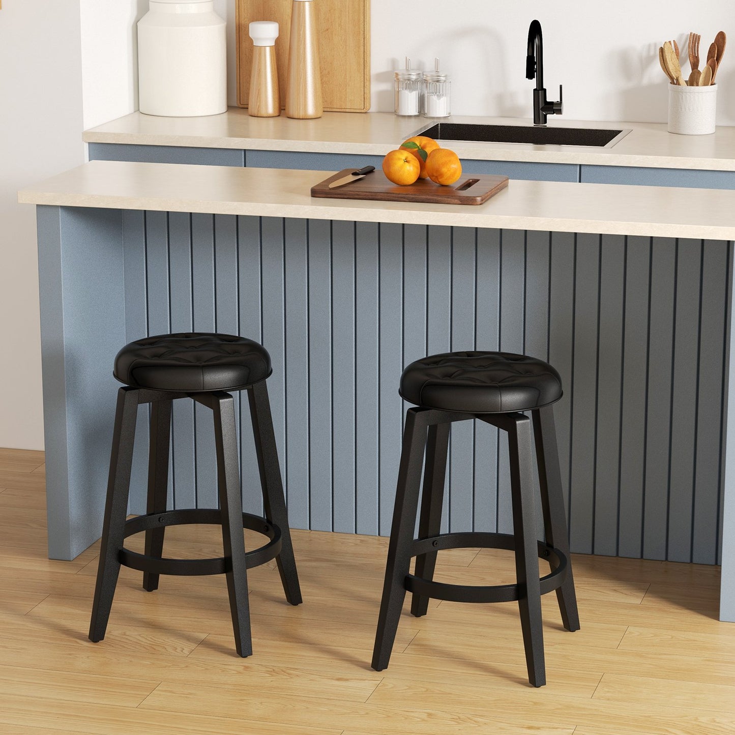 360° Swivel Upholstered Rubberwood Frame Bar Stool Set of 2 with Footrest-24 inches, Black