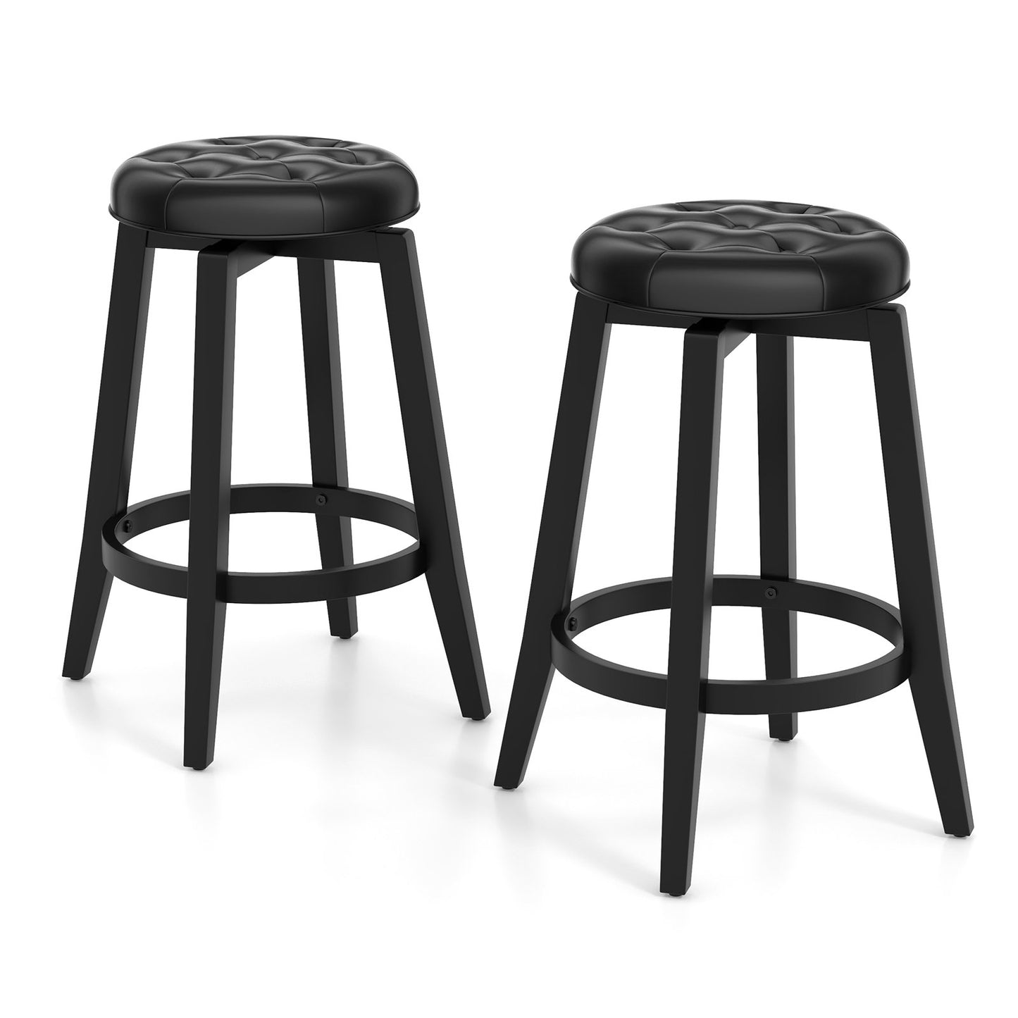 360° Swivel Upholstered Rubberwood Frame Bar Stool Set of 2 with Footrest-24 inches, Black