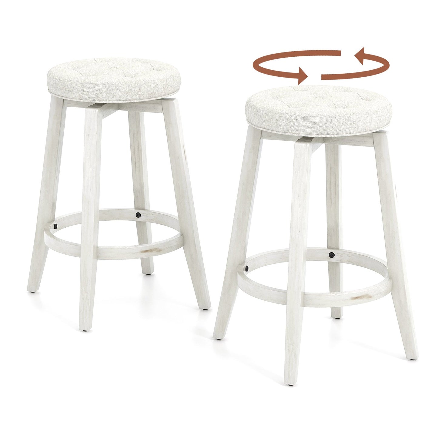 360° Swivel Upholstered Rubberwood Frame Bar Stool Set of 2 with Footrest-24 inches, White