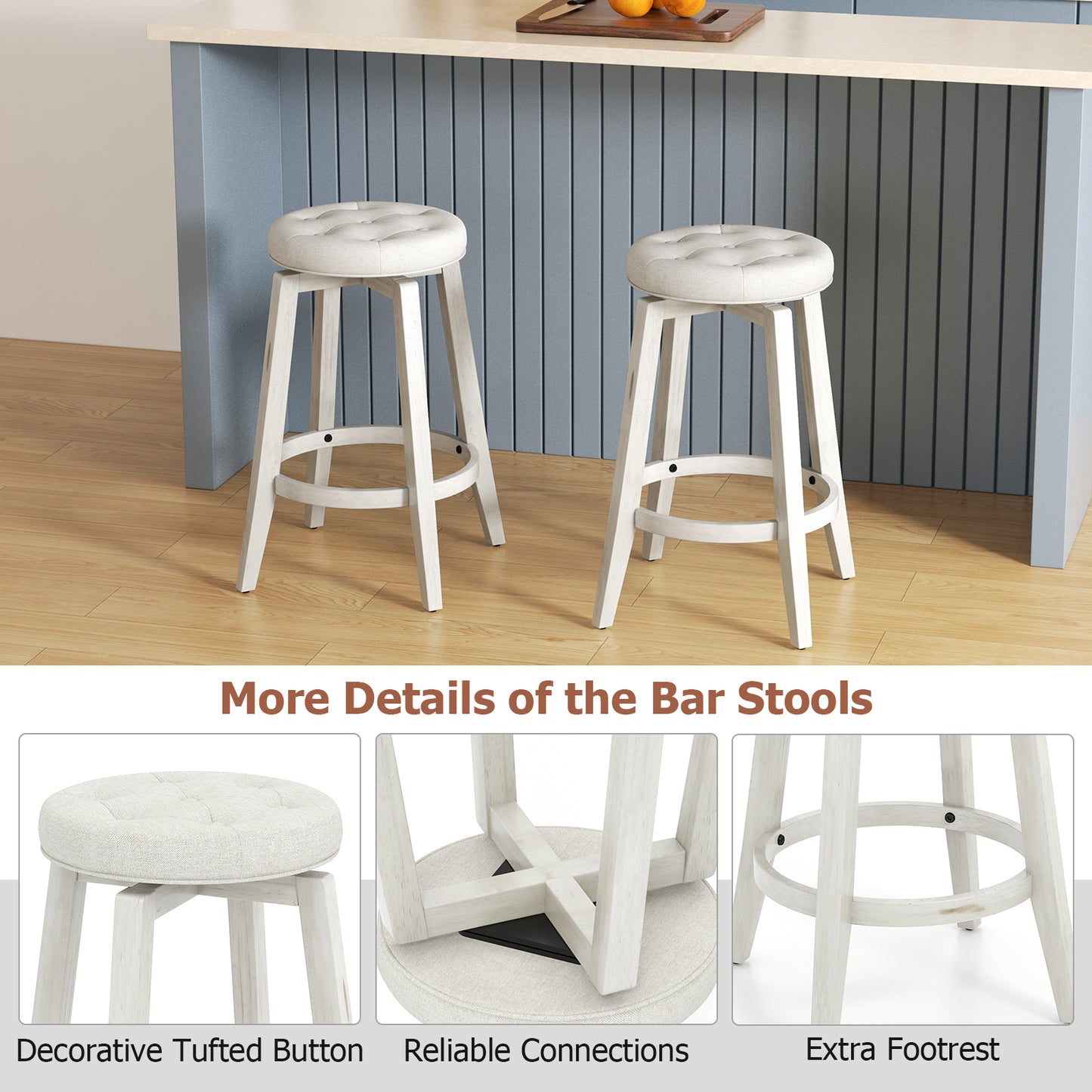 Swivel Upholstered Rubberwood Frame Bar Stool Set of 2 with Footrest-24 inches, White Bar Stools at Gallery Canada